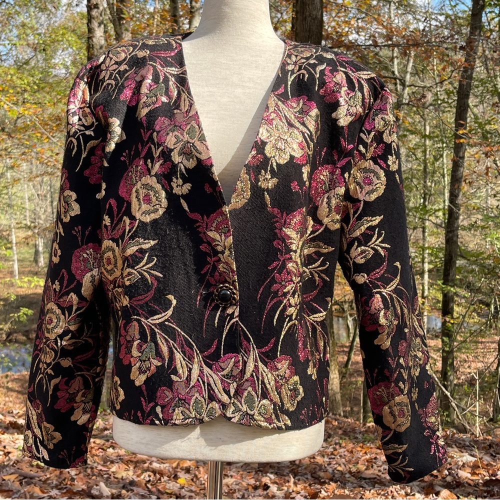 Vintage Structured Metallic Gold and Pink Floral Button Front Blazer Large
